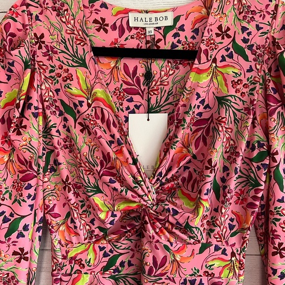 Hale Bob Spring Dress Pink Floral 'Manila Jersey' Twist Front Balloon Sleeve NWT - Picture 5 of 15